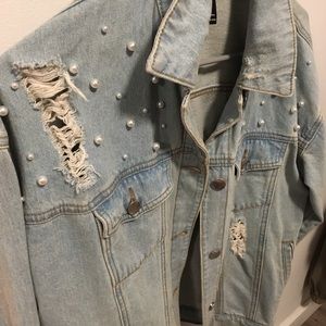 Distressed Jean Jacket with pearl accessory